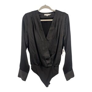 Good American Black Satin Wrap Front Long Sleeve Bodysuit Size 2 V-Neck Pleated